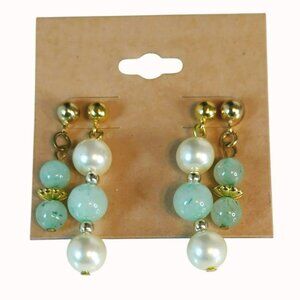 Vintage Dangle Earrings Set Faux Pearl Green Stones With Gold Accents